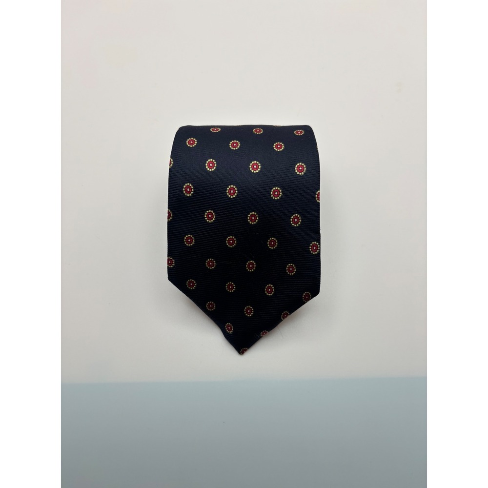 Liberty of London Mens Silk Necktie Navy Blue Red Gold Medallion Geometric